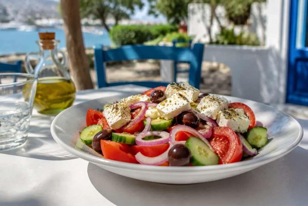 Traditional Greek salad served outdoors