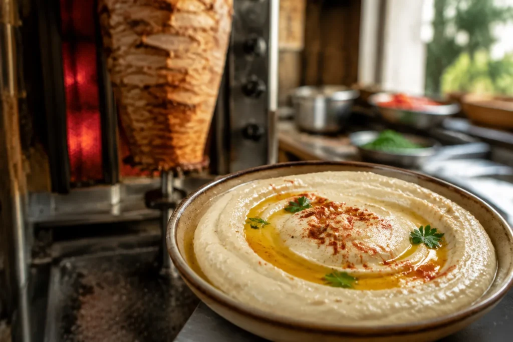 Fresh hummus with shawarma in the background