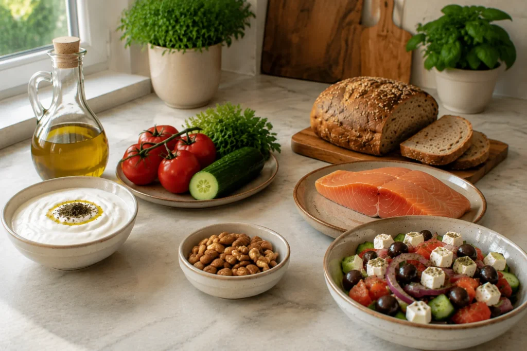 Mediterranean diet foods with diet pyramid
