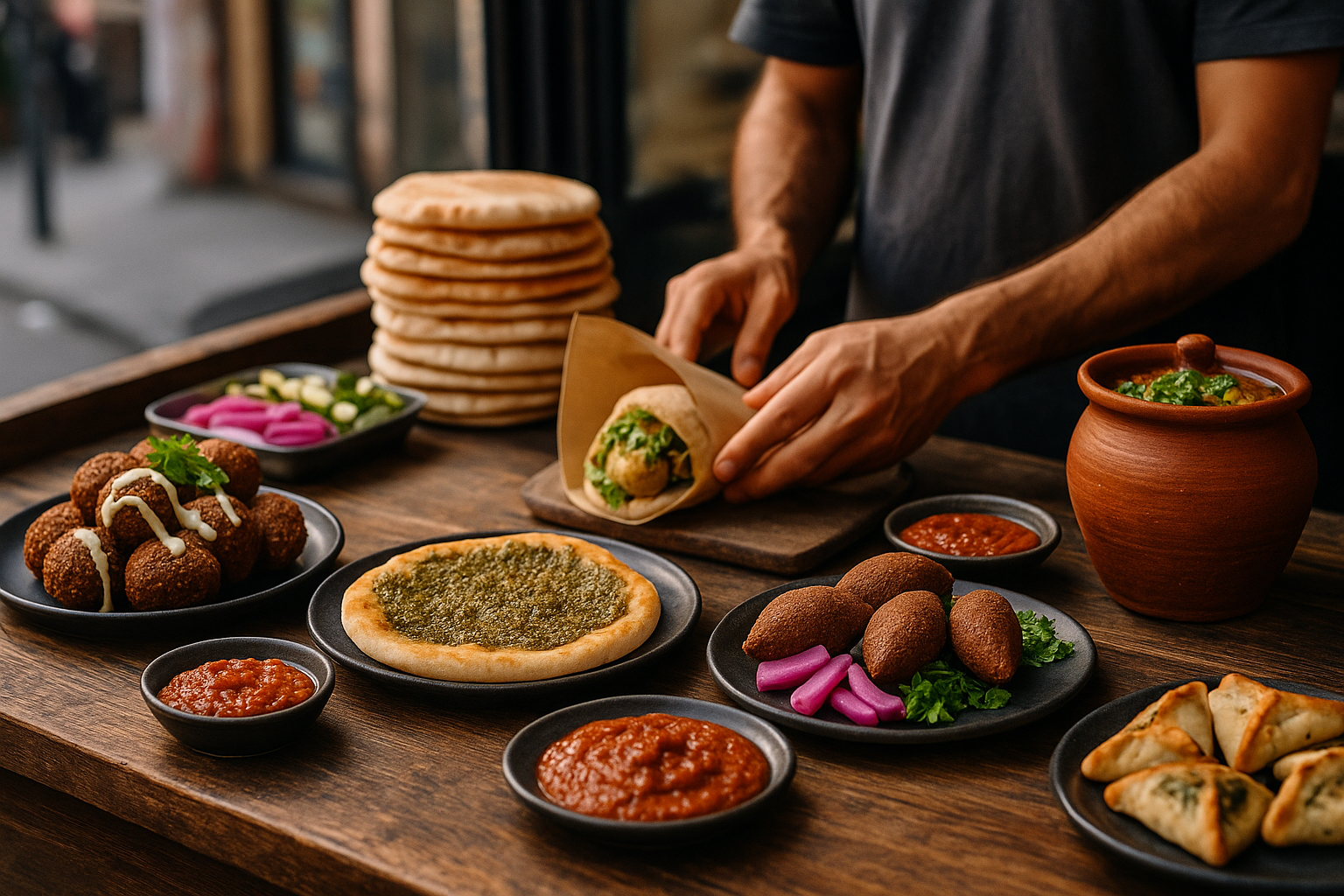 Falafel, manakish, kibbeh at bustling street stall