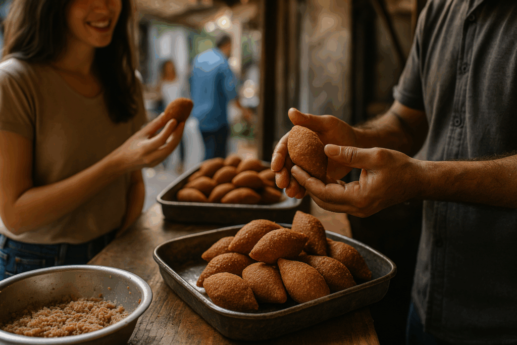 People preparing and sharing golden fried kibbeh