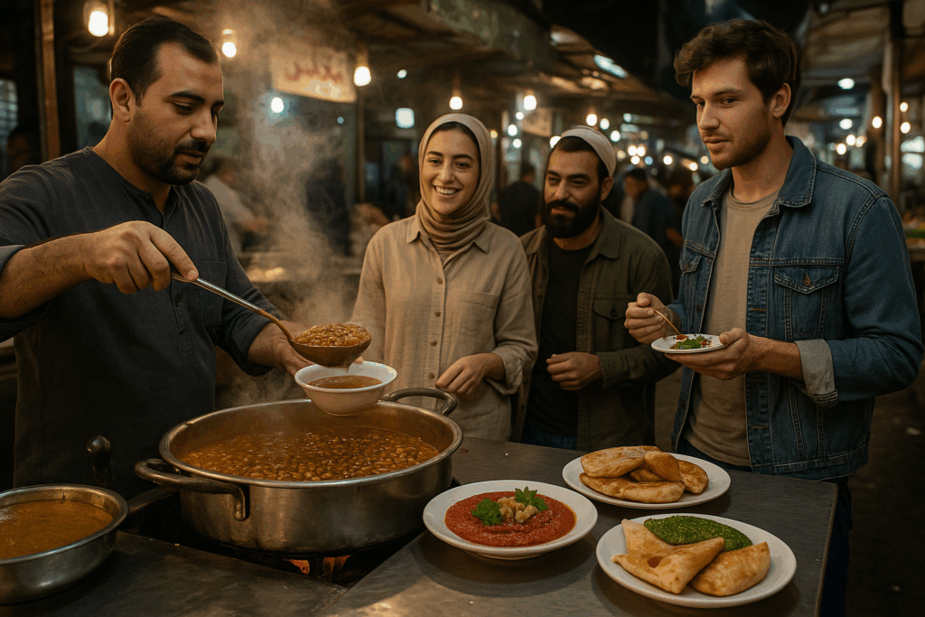 People preparing and sharing golden fried kibbeh