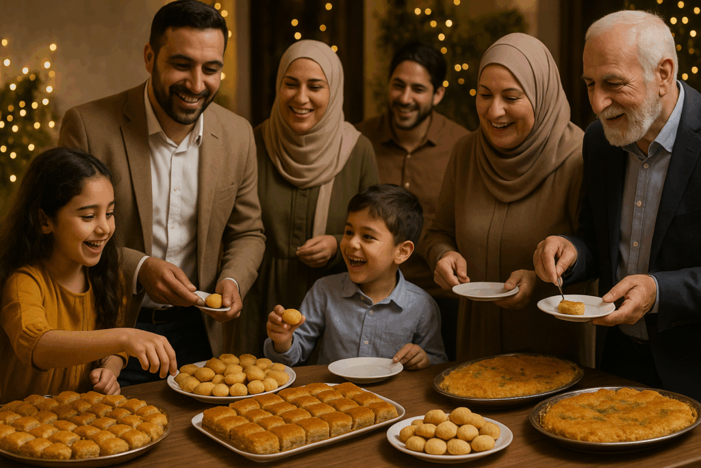 People sharing Middle Eastern sweets at celebration