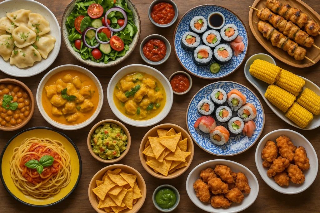 Multicultural dining table with sushi, curry, pasta, and tacos