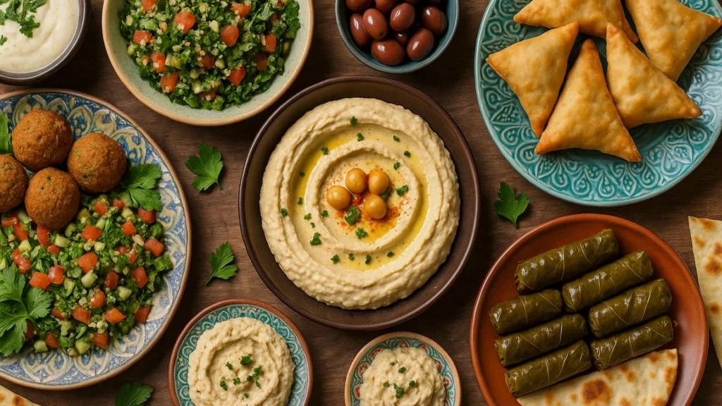 Traditional Middle Eastern dishes served on rustic wooden table