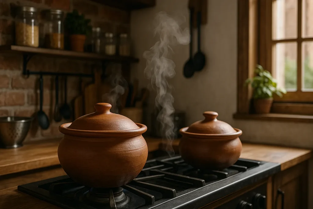 Steaming clay pots arranged in rustic kitchen