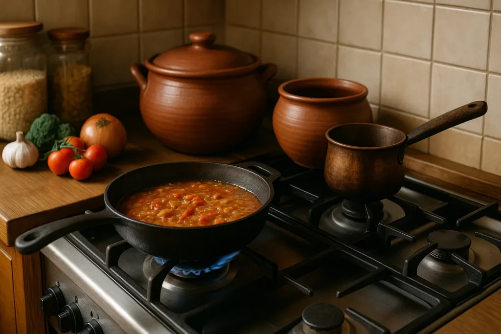 Traditional cookware with simmering dish in rustic kitchen