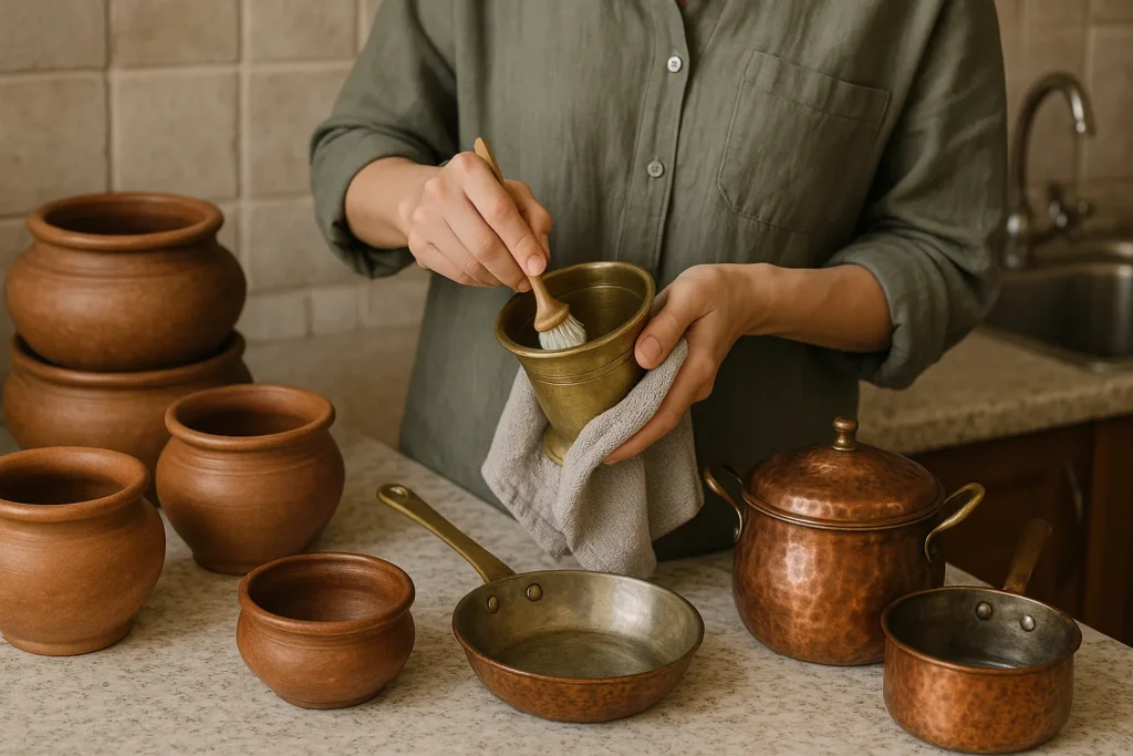 Person cleaning brass and copper Middle Eastern cookware
