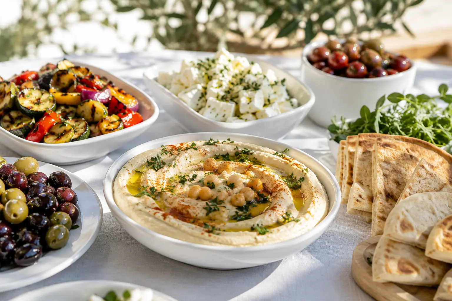 Mediterranean catering spread with fresh appetizers