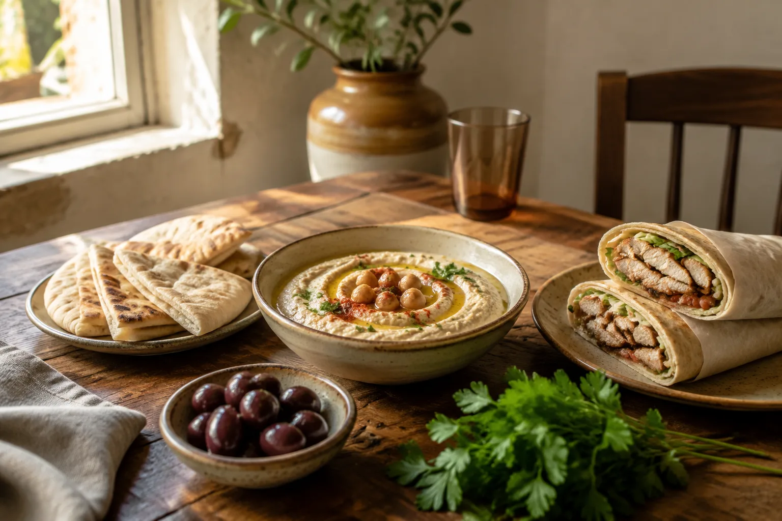 Mediterranean meal with hummus and shawarma